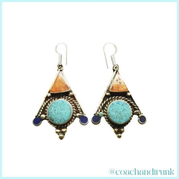 Turquois Coral Lapis Lazuli Silver Ornate Metalwork Handcrafted Earrings - Picture 2 of 2